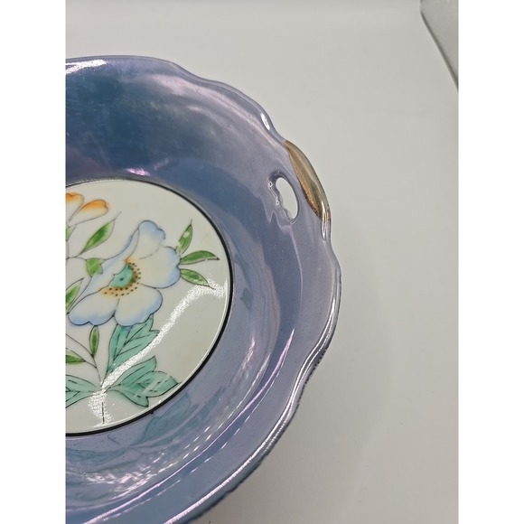 Japan Luster Porcelain Bowl Dish Blue White Floral Flowers Double Handle Vintage - Picture 4 of 7